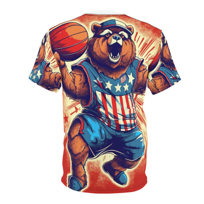 Slam Dunk for Independence:Patriotic Bear's 4th of July Basketball Game Unisex Cut & Sew Tee (AOP)