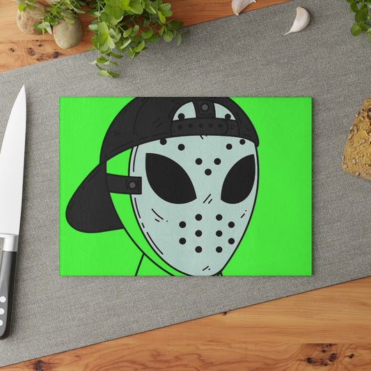 White Hockey Mask Green Alien Visitor Glass Cutting Board - Visitor751