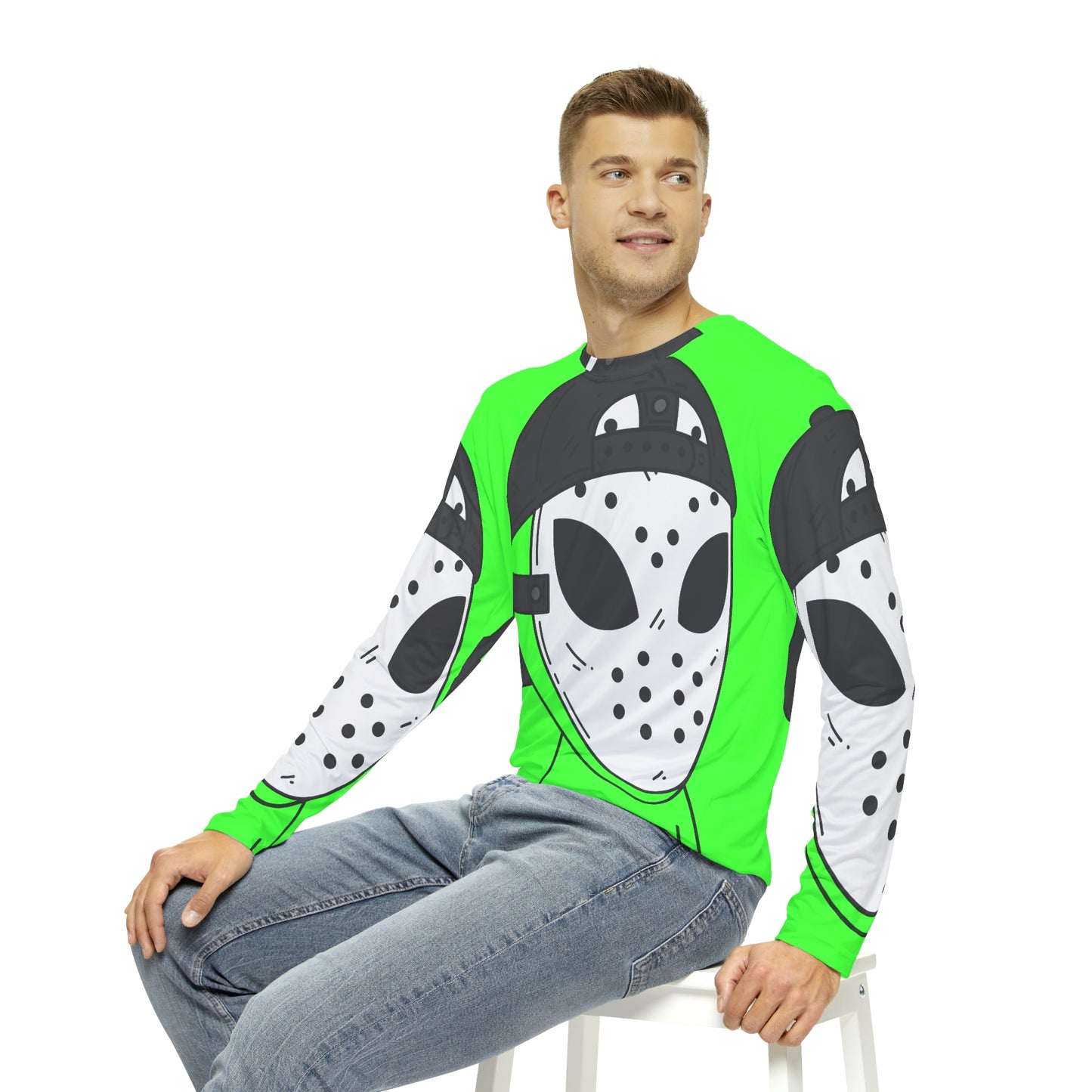 Camiseta AOP de manga larga para hombre con máscara de hockey blanca y verde alienígena visitante 