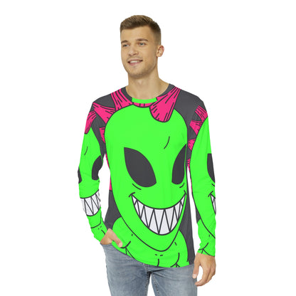 Camisa AOP de manga larga para hombre con pelo rosa con pinchos, gran sonrisa, verde, alienígena, visitante 