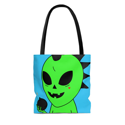 Green Alien Black Spiked Hair Calabaza Cara Bomba Visitante AOP Bolsa de tela 