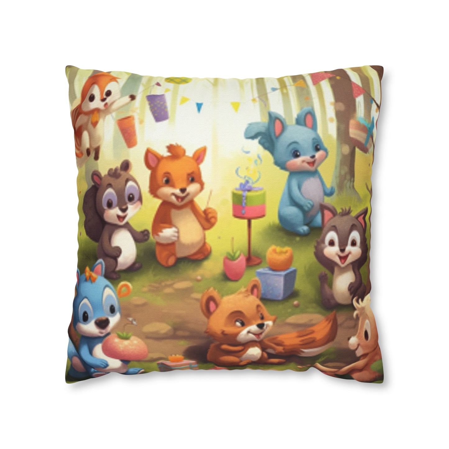 Nursery Art - Cartoon Forest Animals Party Design Spun Polyester Square Pillow Case