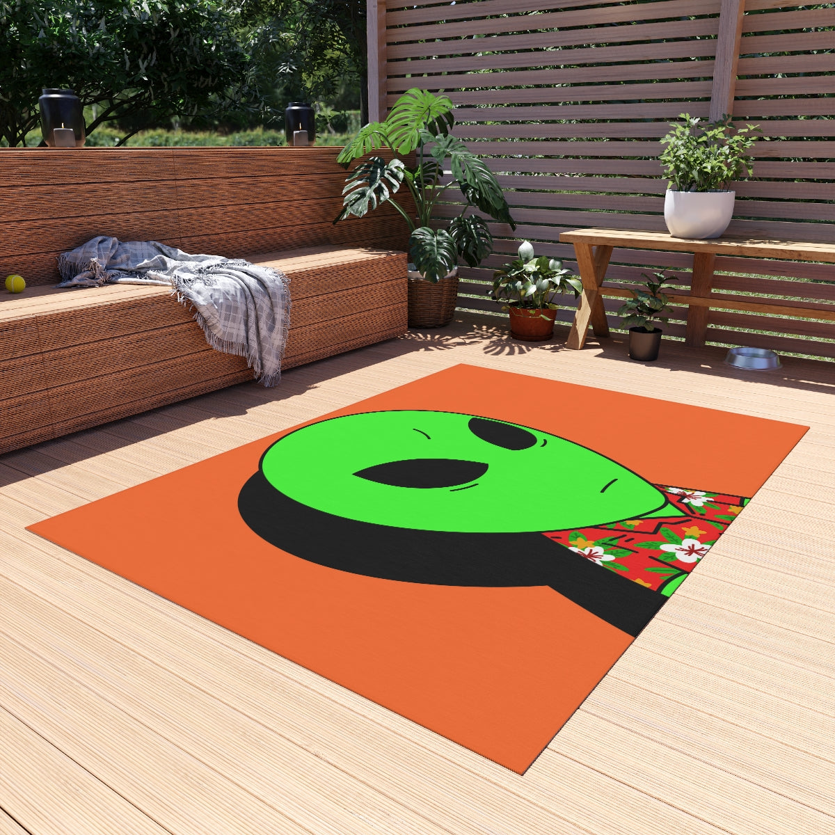 Hawaiian Shirt Green Alien Visitor Shadow Outdoor Rug