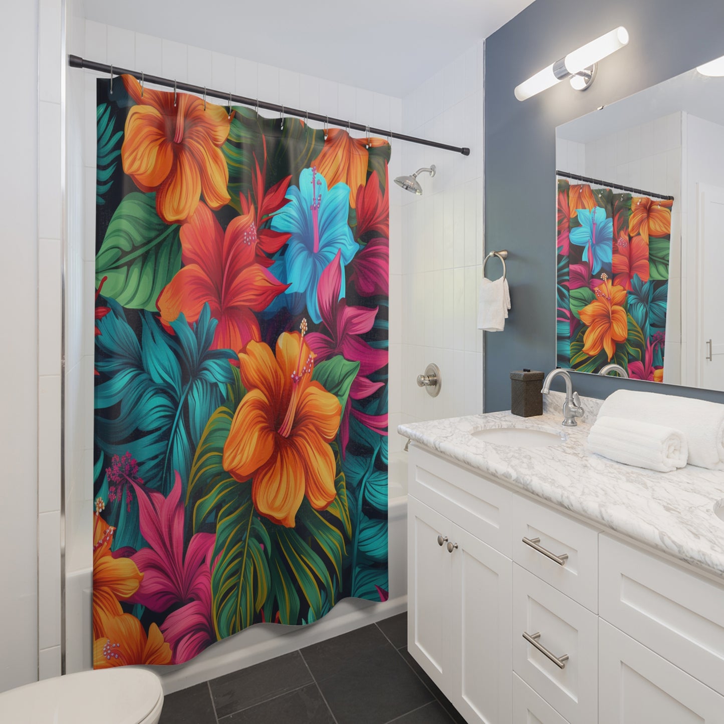 Vibrant Hawaiian-Inspired Tropical Floral Pattern Design Shower Curtains