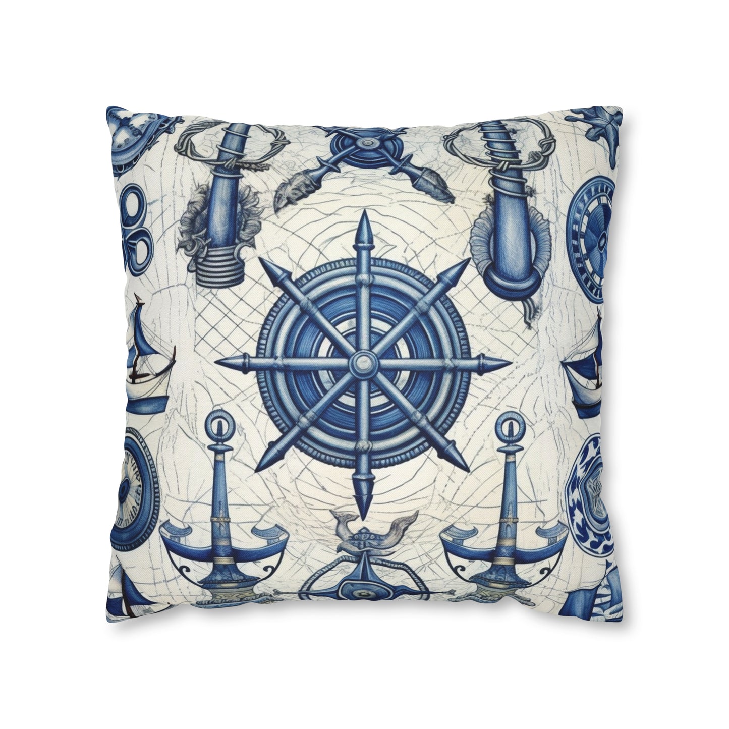 Nautical Theme Art - Anchors, Ropes, Compass Spun Polyester Square Pillow Case