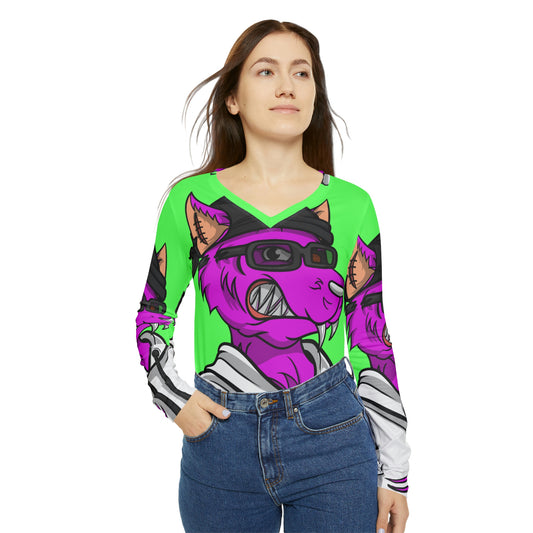 Purple Cyborg Werewolve Fitness Graphic Women's Long Sleeve V-neck Shirt