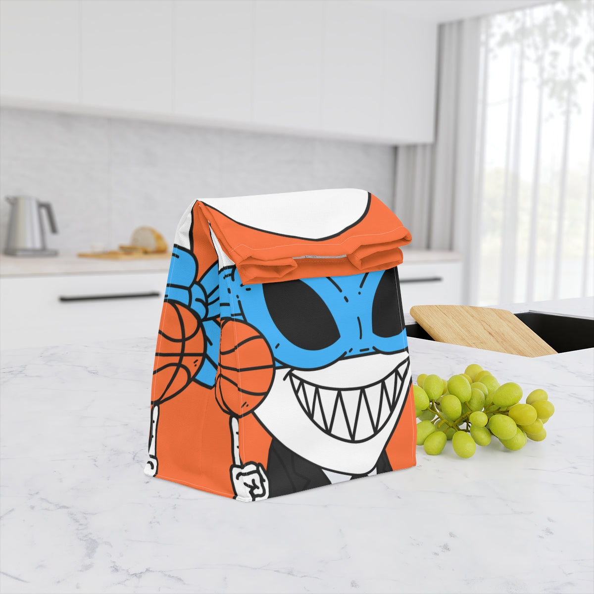 Alien BBall Sport Ninja Mask Big Smile Teeth Game Player Orange Basketball Polyester Lunch Bag