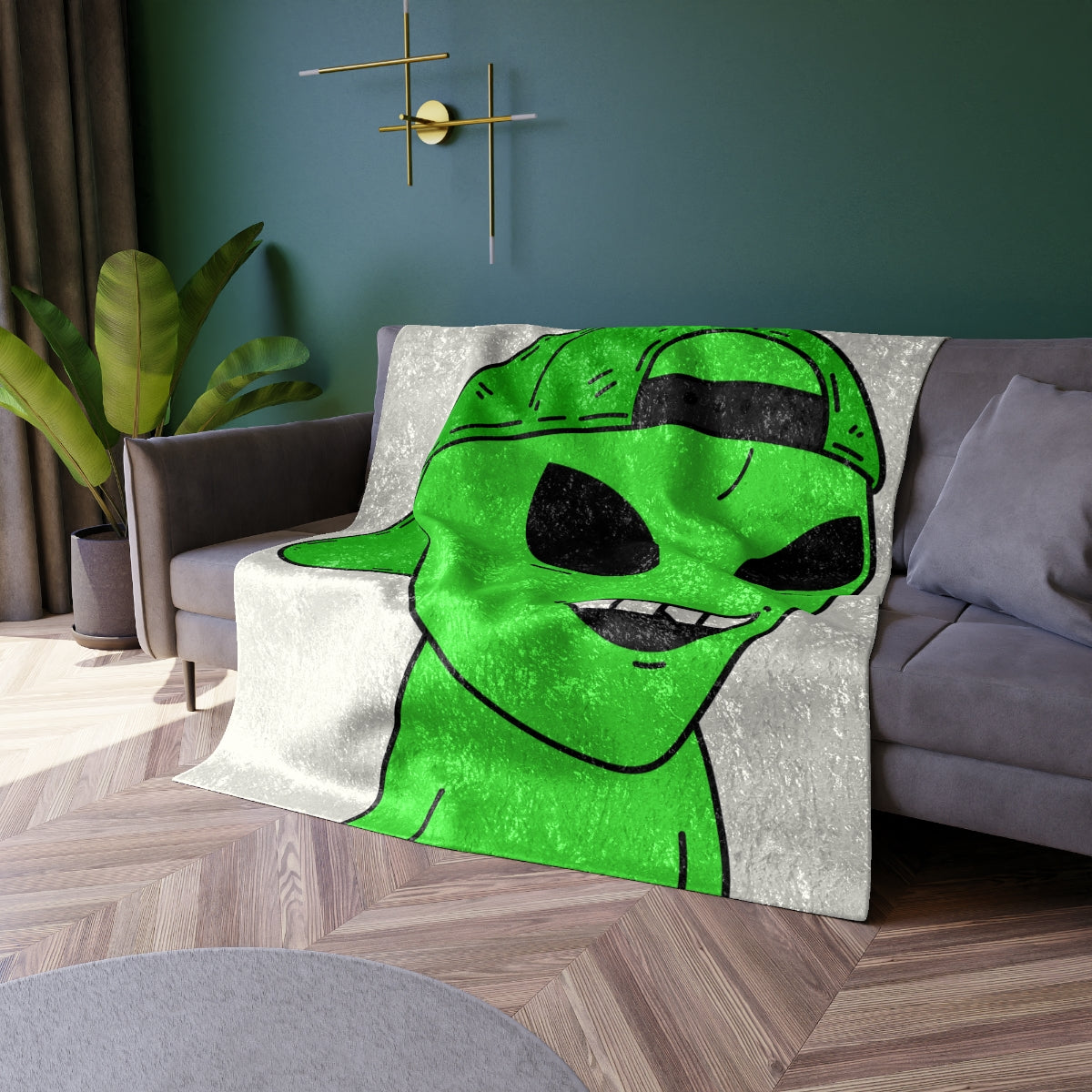 The Green Alien Visitor with Hat Crushed Velvet Blanket