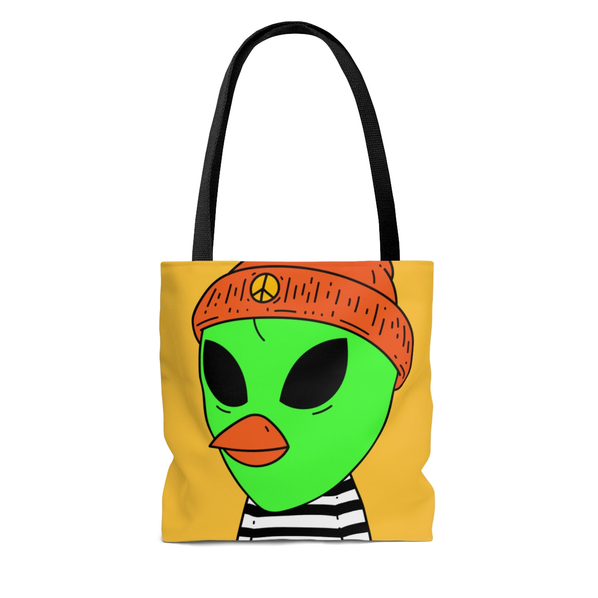 Burb Beak Green Alien Orange Peace Hat Black White Striped Shirt AOP Tote Bag