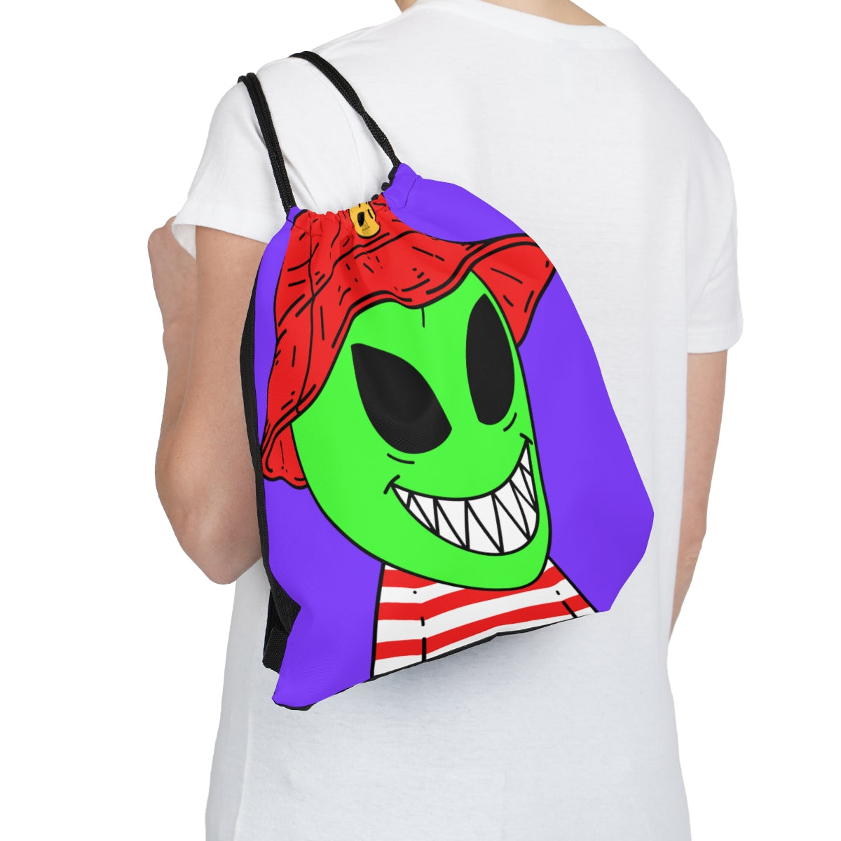 Alien Character Cartoon Red Hat Striped Shirt Big Smile Outdoor Drawstring Bag