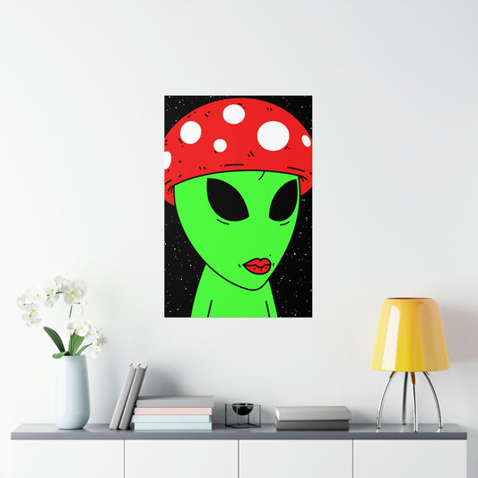 Mushroom Head Green Alien Visitor w/ Red Lips Premium Matte Vertical Posters