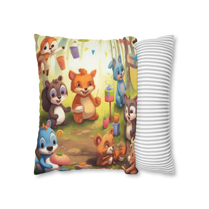 Nursery Art - Cartoon Forest Animals Party Design Spun Polyester Square Pillow Case