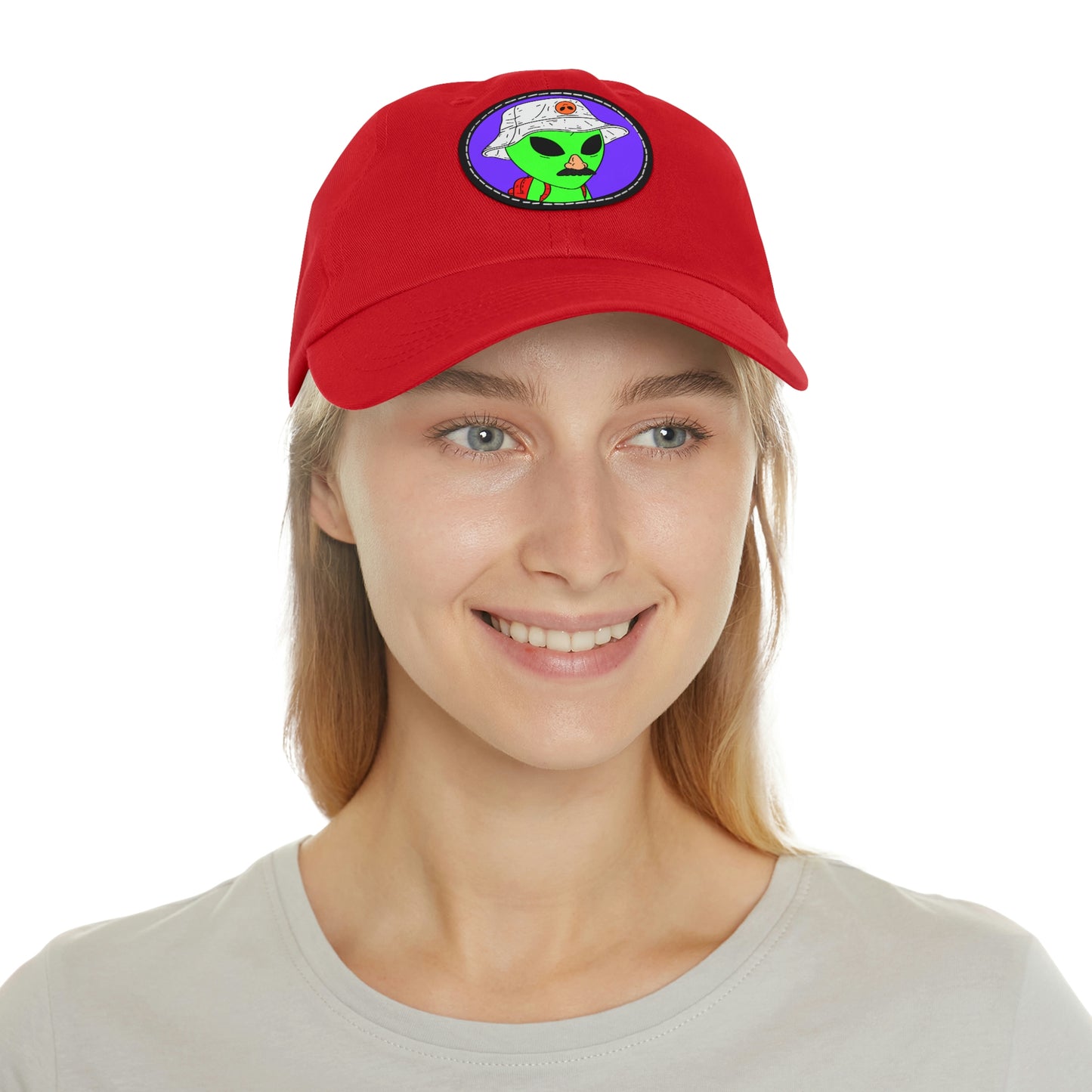 Visitor Green Alien Space Traveler Dad Hat with Leather Patch (Round)