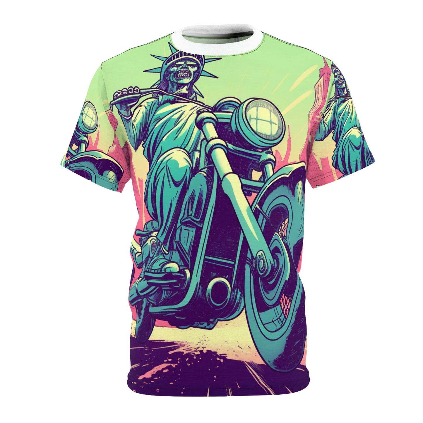 Statue of Liberty Motorcycle Bike Rider USA Style Unisex Cut & Sew Tee (AOP)