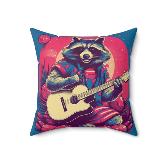 Acoustic Guitar Raccoon Art - Furry Animal Rock Classic Spun Polyester Square Pillow