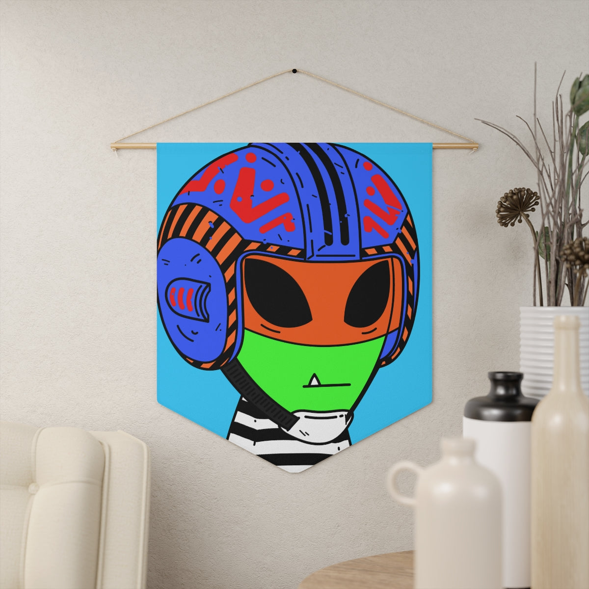Space Helmet Green Alien Visitor Striped Shirt Pennant