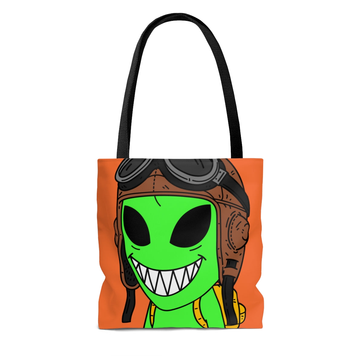 Aviator Flying Cap Green Alien Visitor Big Smile Teeth Yellow Backpack AOP Tote Bag