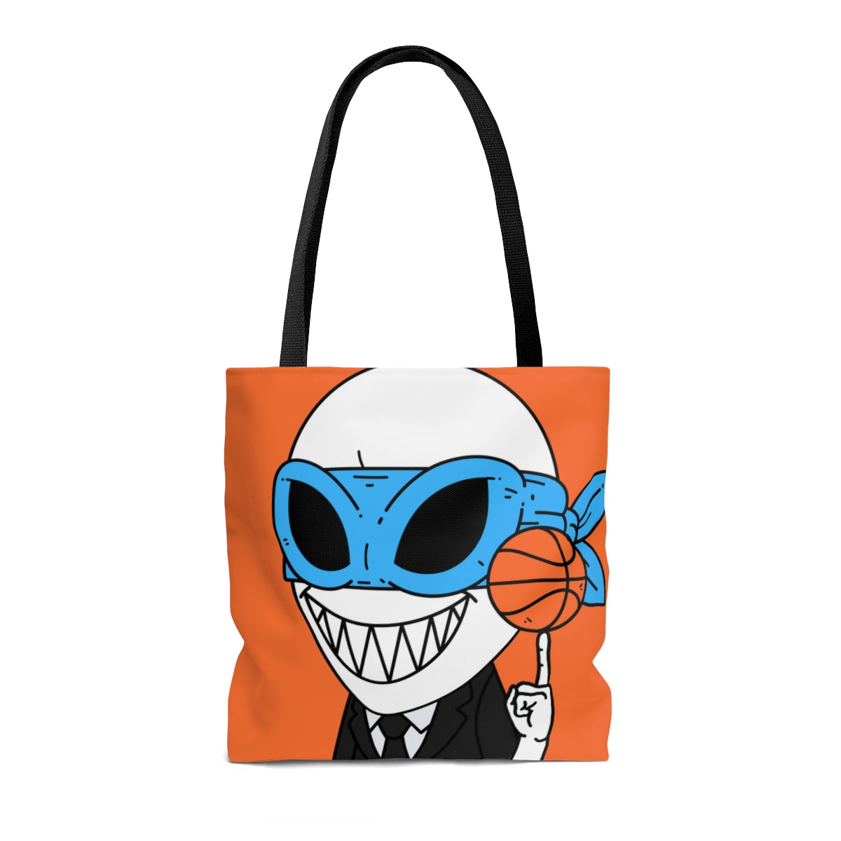 Alien BBall Sport Ninja Mask Big Smile Teeth Game Player Orange Basketball Ninja Suit Tie AOP Tote Bag
