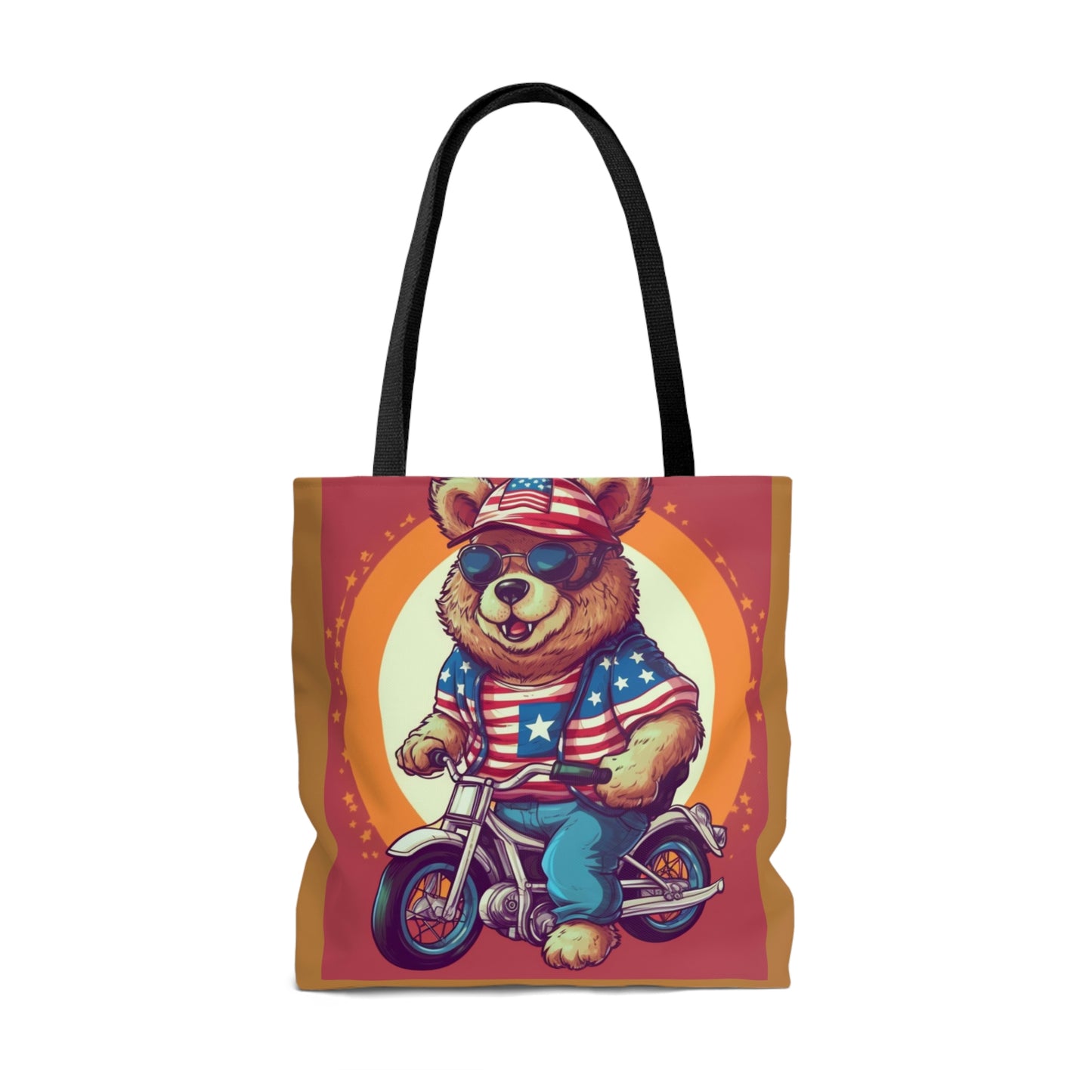 Biking with American Pride: Celebrate 4th of July with the Patriotic Bear's Ride Tote Bag (AOP)