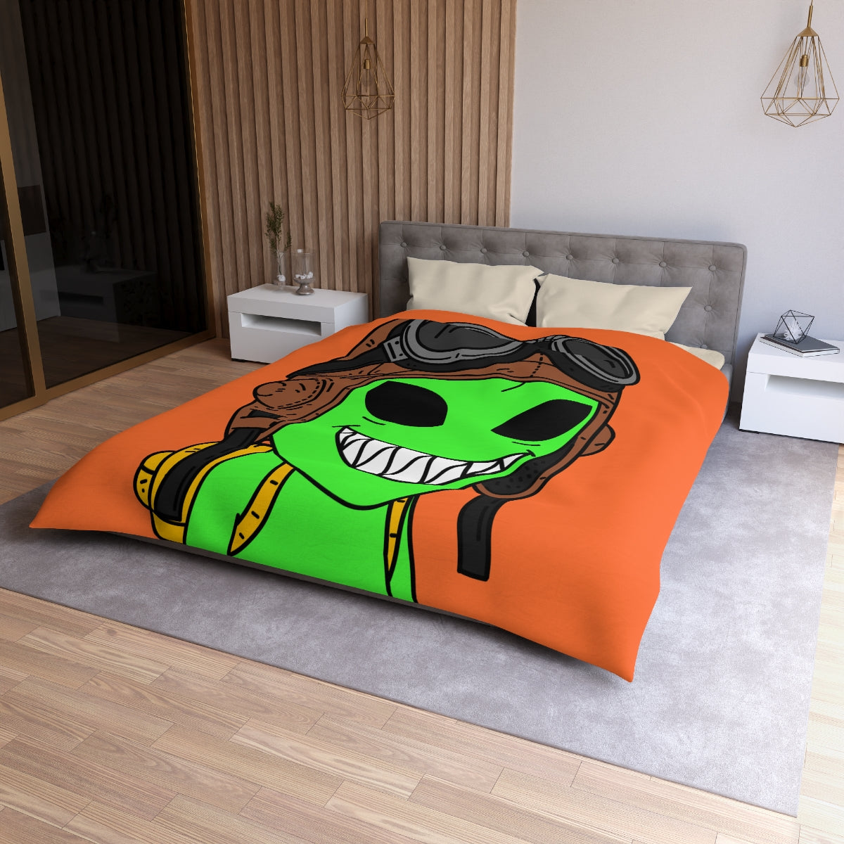 Aviator Flying Cap Green Alien Visitor Big Smile Teeth Yellow Backpack Microfiber Duvet Cover