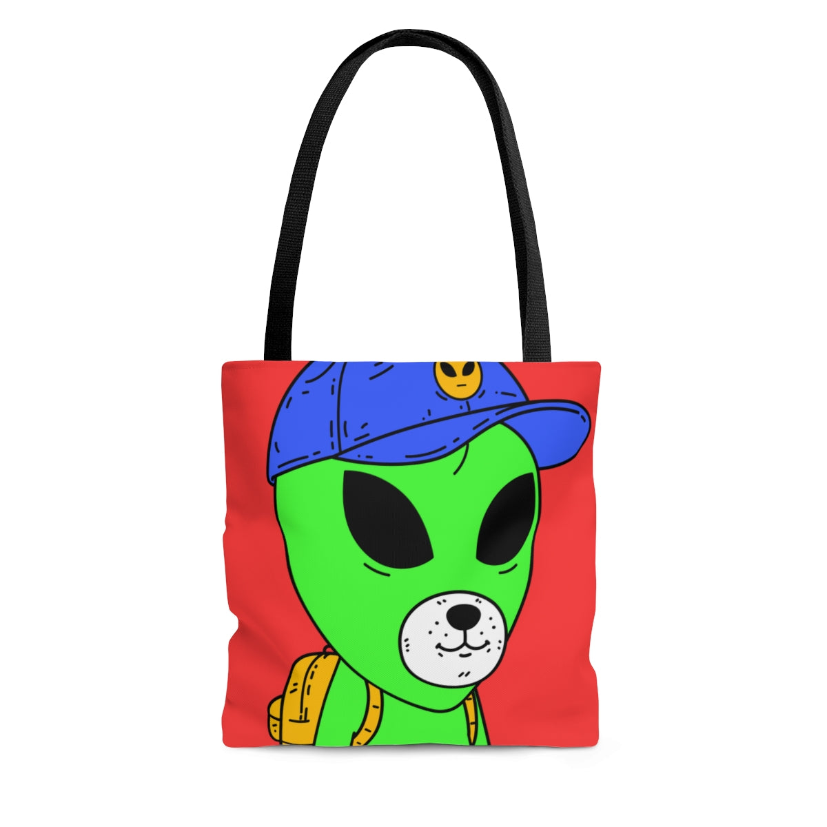 White Dog Bear Mouth Alien Green Visitor Yellow Backpack Blue Visi Hat AOP Tote Bag