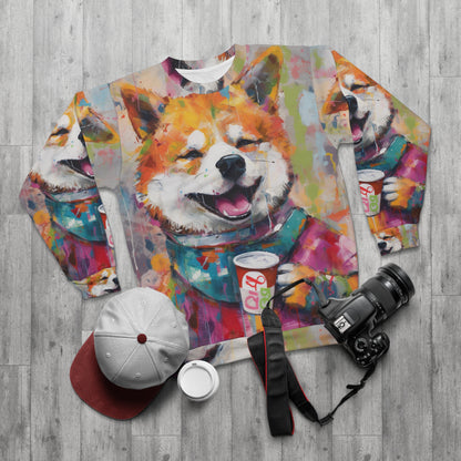 Arte estilo graffiti Shiba Inu bebiendo café: sudadera unisex de diseño colorido, feliz y post-apocalíptico (AOP) 