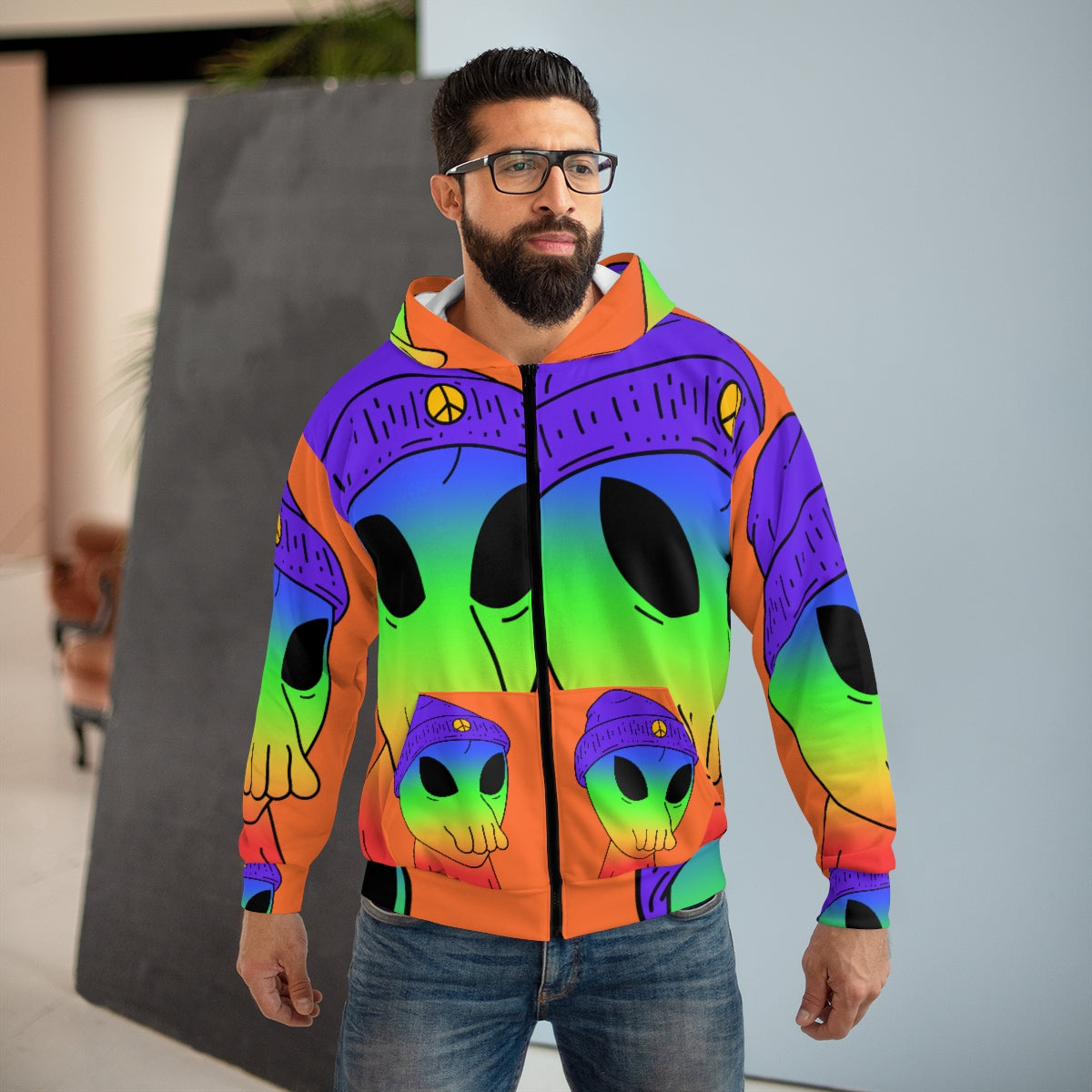 Rainbow Squid Mouth Alien AOP Unisex Zip Hoodie