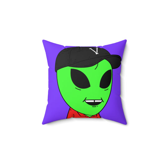 Missing Tooth Red Collar Green Alien with Visitor V Black Hat Spun Polyester Square Pillow