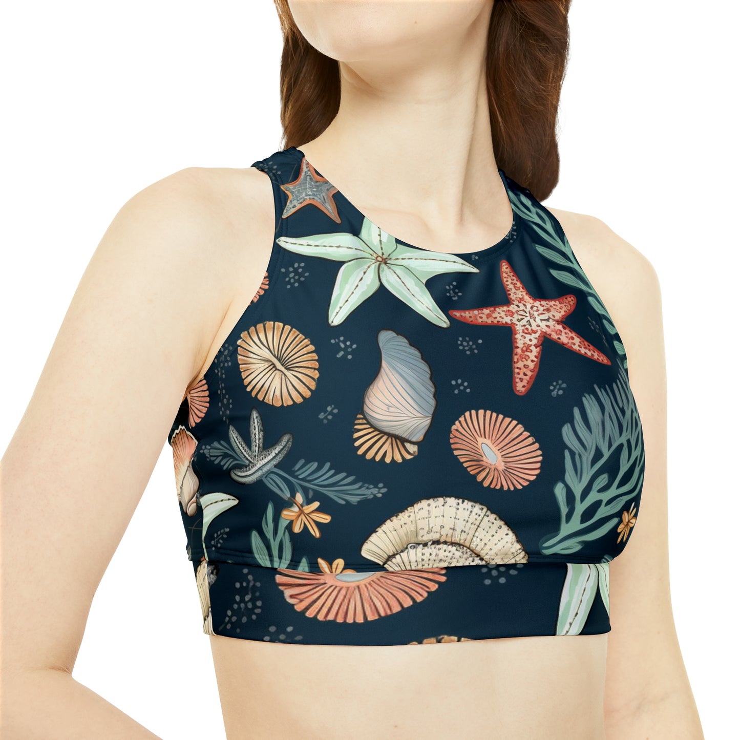 Hand-Drawn Seashells & Starfish Marine-Inspired Pattern Sporty Bikini Set (AOP)