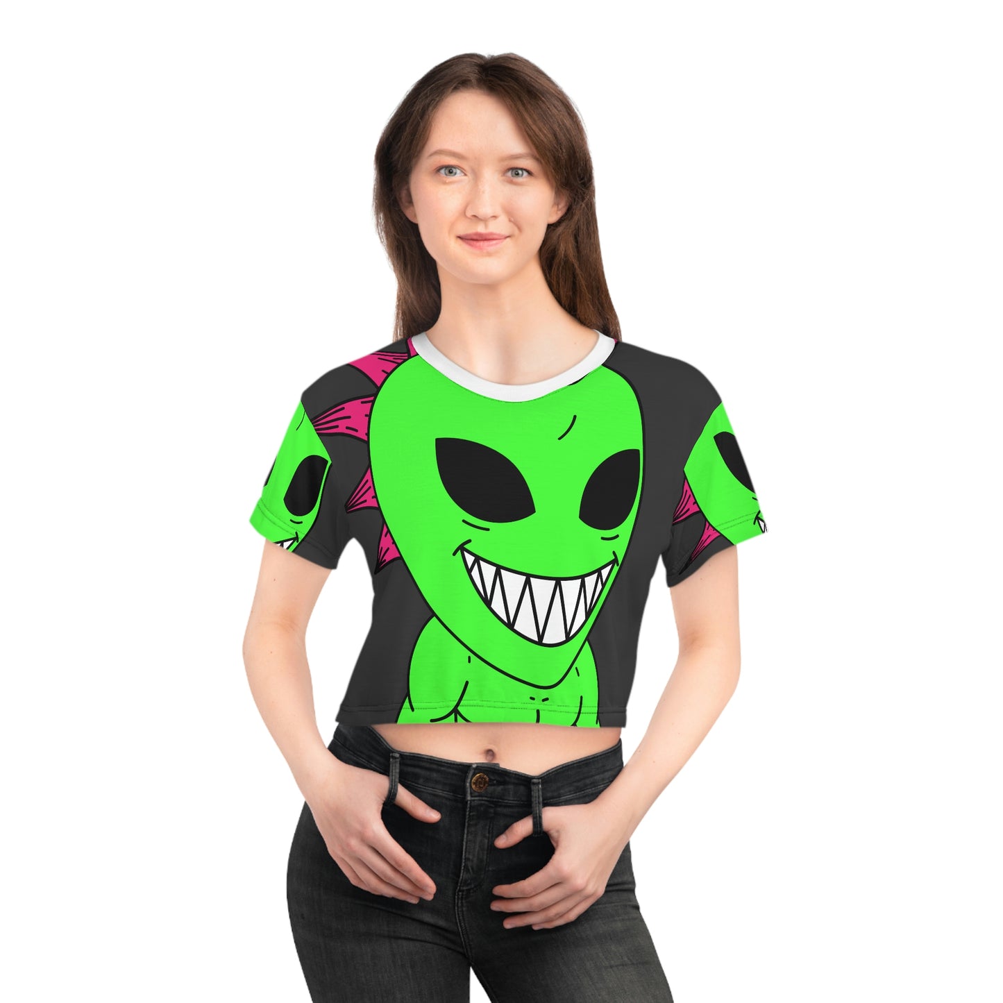 Spiked Pink Hair Muscle Alien Visitor Crop Tee (AOP)