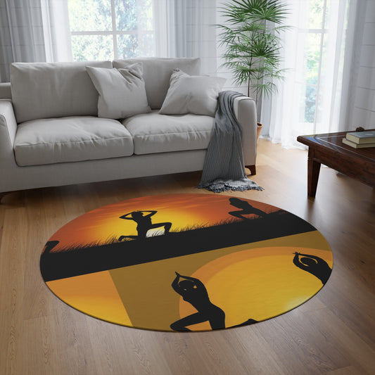 Yoga Poses Silhouette - Tranquil Sunset Art Round Rug