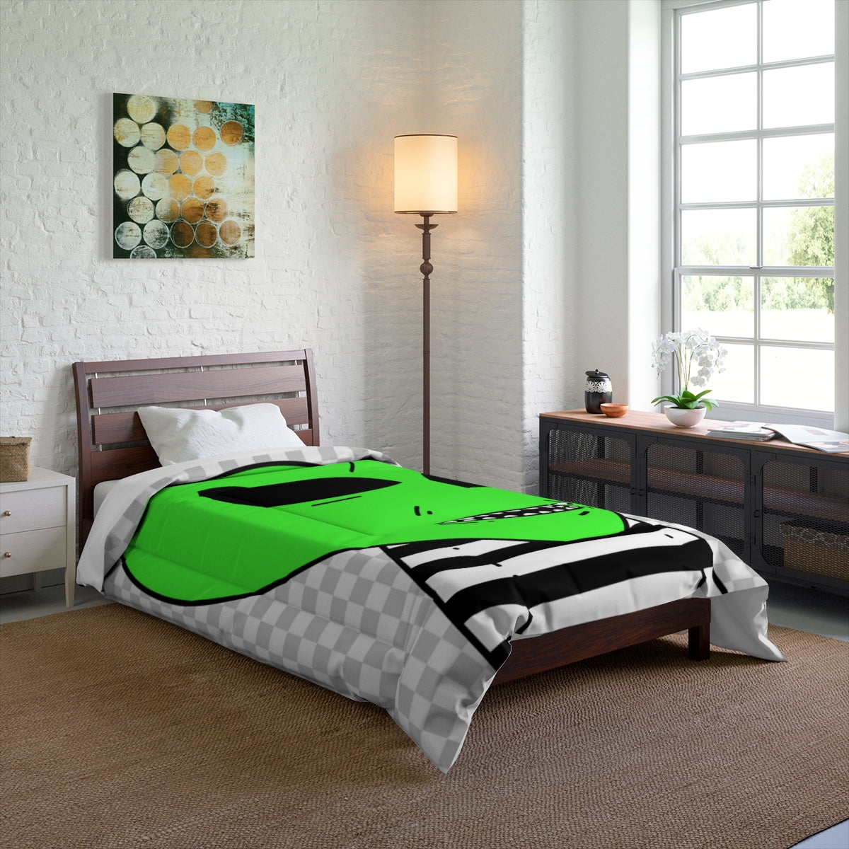 Green Alien Sharp Teeth Mouth Striped Black White Shirt Visitor Bed Comforter