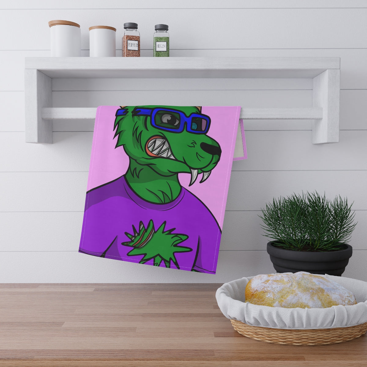 Wolf Green Fur Cyborg Wolve Glasses Purple Shirt Sci fi Tea Kitchen Towel