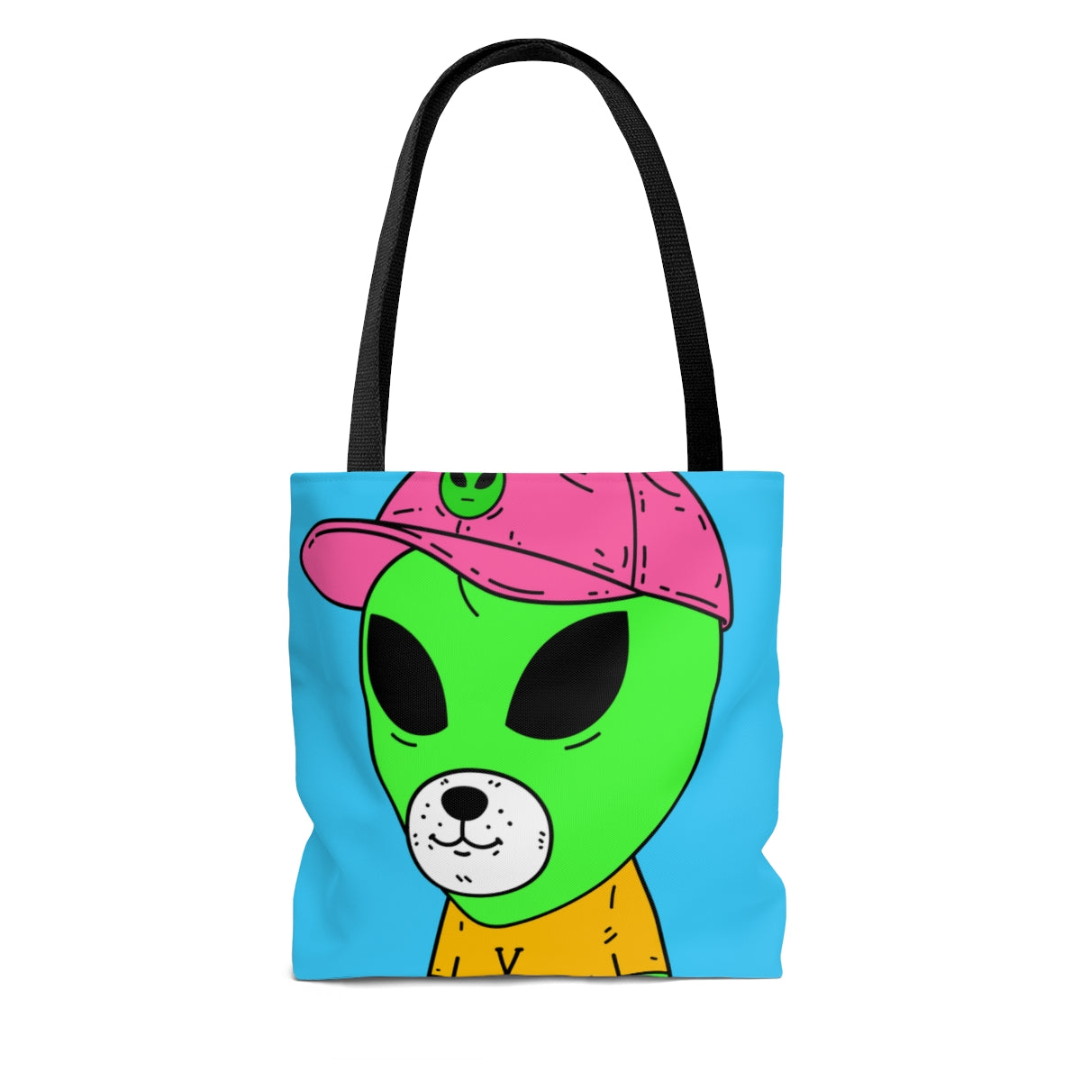 Cara de oso de perro visitante extraterrestre verde Camisas VT amarillas Sombrero Visi rosa AOP Bolsa de tela 