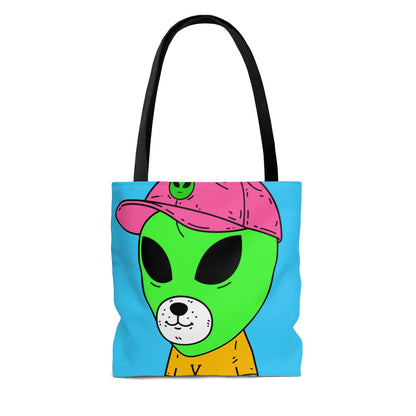 Cara de oso de perro visitante extraterrestre verde Camisas VT amarillas Sombrero Visi rosa AOP Bolsa de tela 