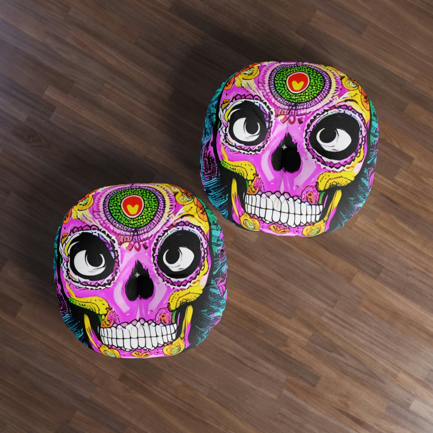 Trippy psychedelic Skull Skeleton Head Face Tufted Floor Pillow, Round