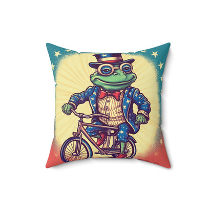 USA Frog Patriotic Indepencence Day 4th of July Bike Rider Spun Polyester Square Pillow