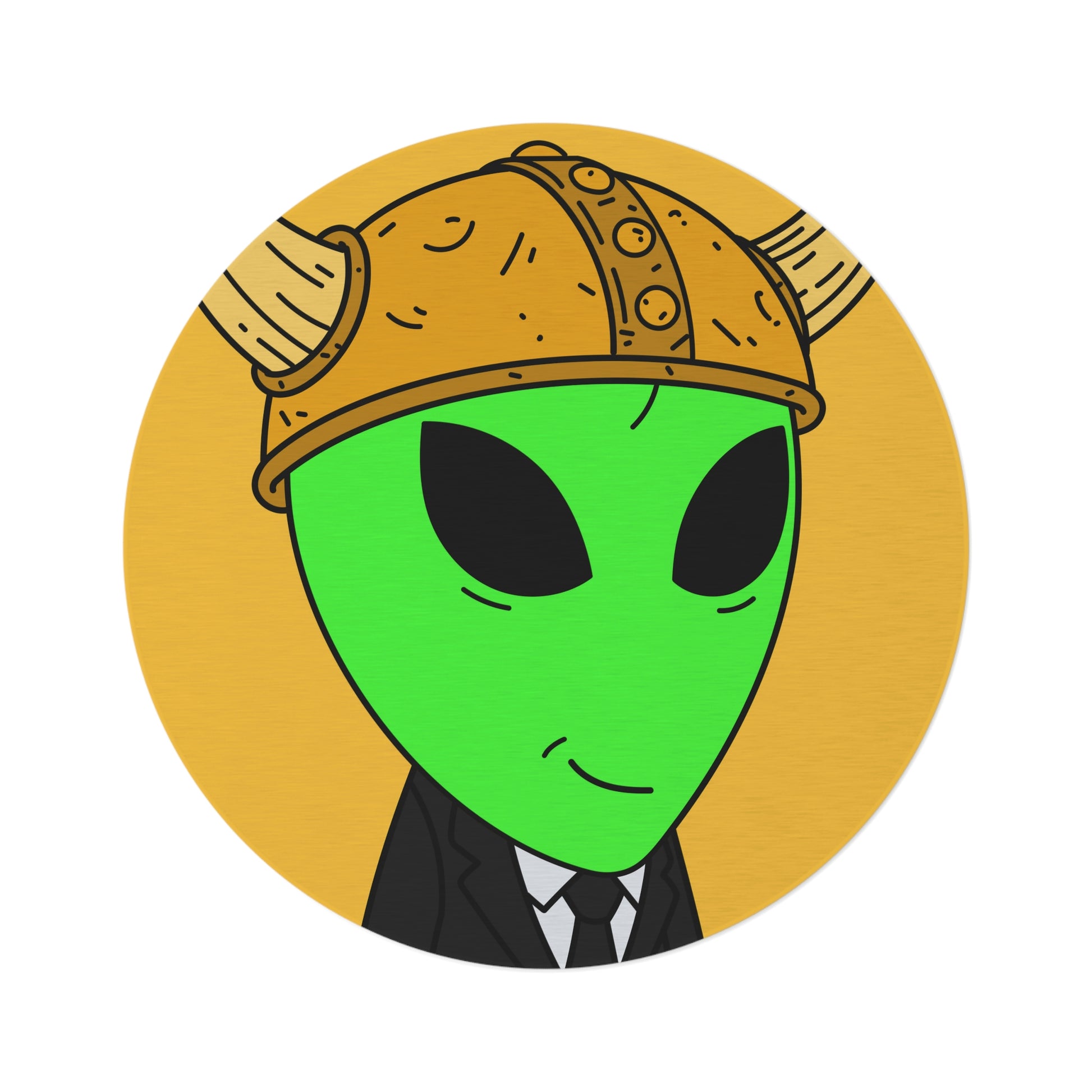 Green Smirk Face Alien Viking Helmet Black Business Suit Visitor Round Rug - Visitor751