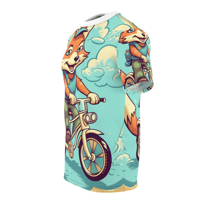 Fox Bike Ride Adventure Graphic Cyclist Unisex Cut & Sew Tee (AOP)