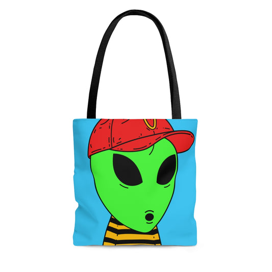 Visitantes Alien Green Large O Face Red Visi V Hat Camisa a rayas amarilla y negra AOP Bolsa de tela 