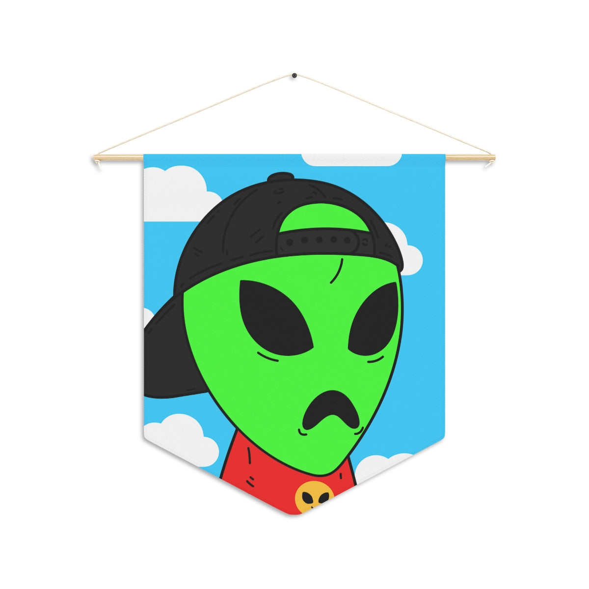 Green Alien Large Sad V Mouth Black Cap Red Visi T Shirt Visitor Pennant