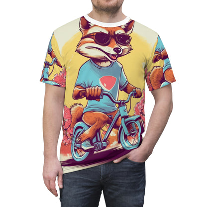 Fox Riding Bike Cartoon Anime Culture Graphic Unisex Cut & Sew Tee (AOP)