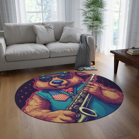 Jazz Stars and Stripes: Celebrate 4th of July with the Patriotic Bear's Saxophone Round Rug