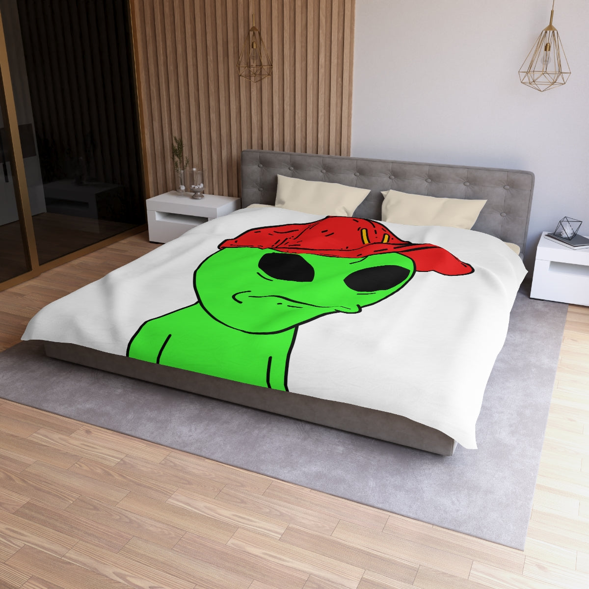 Green Visitor Alien Large Face Red V Hat Microfiber Duvet Cover