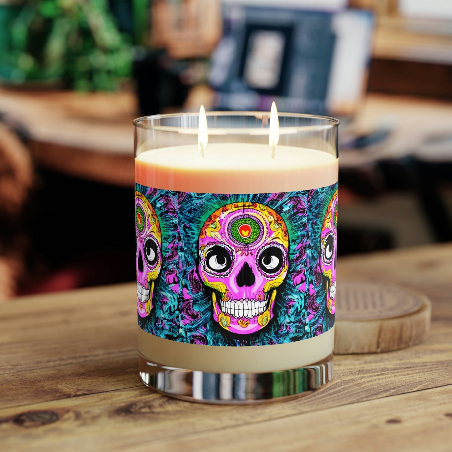 Trippy psychedelic Skull Skeleton Head Face Scented Candle - Full Glass, 11oz