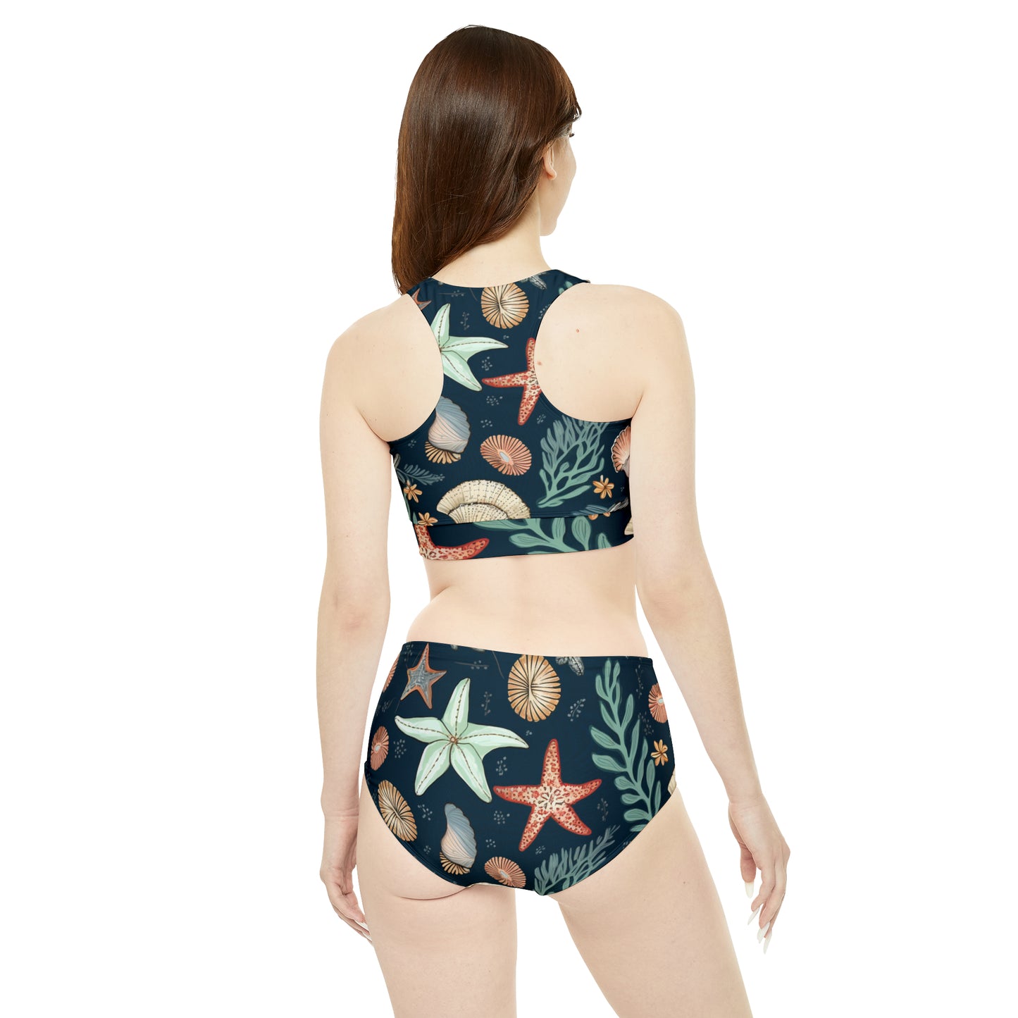 Hand-Drawn Seashells & Starfish Marine-Inspired Pattern Sporty Bikini Set (AOP)