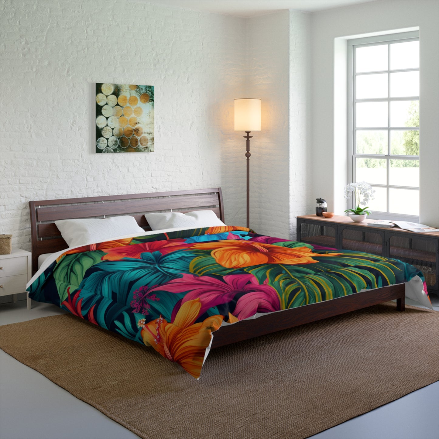 Vibrant Hawaiian-Inspired Tropical Floral Pattern Design Comforter