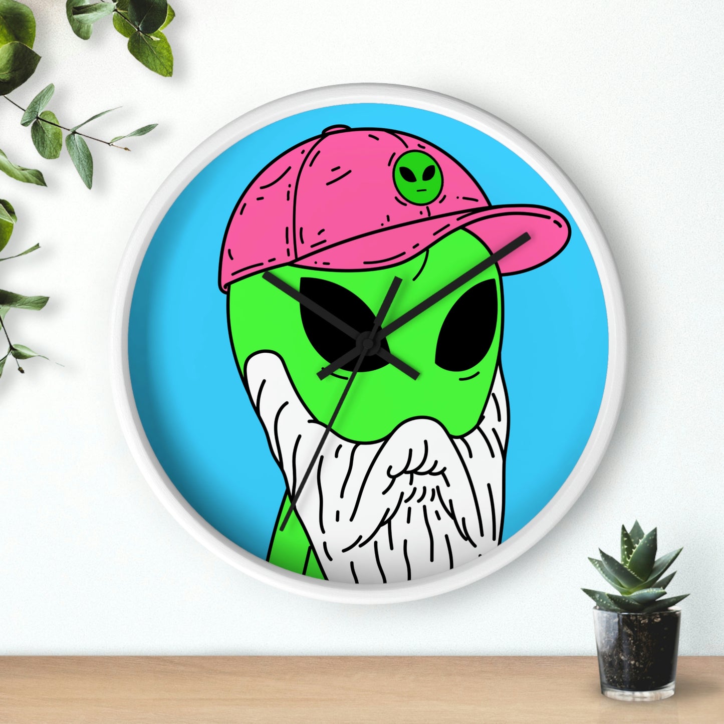 Beard Visitor Pink Hat Alien Cartoon Comic Wall clock