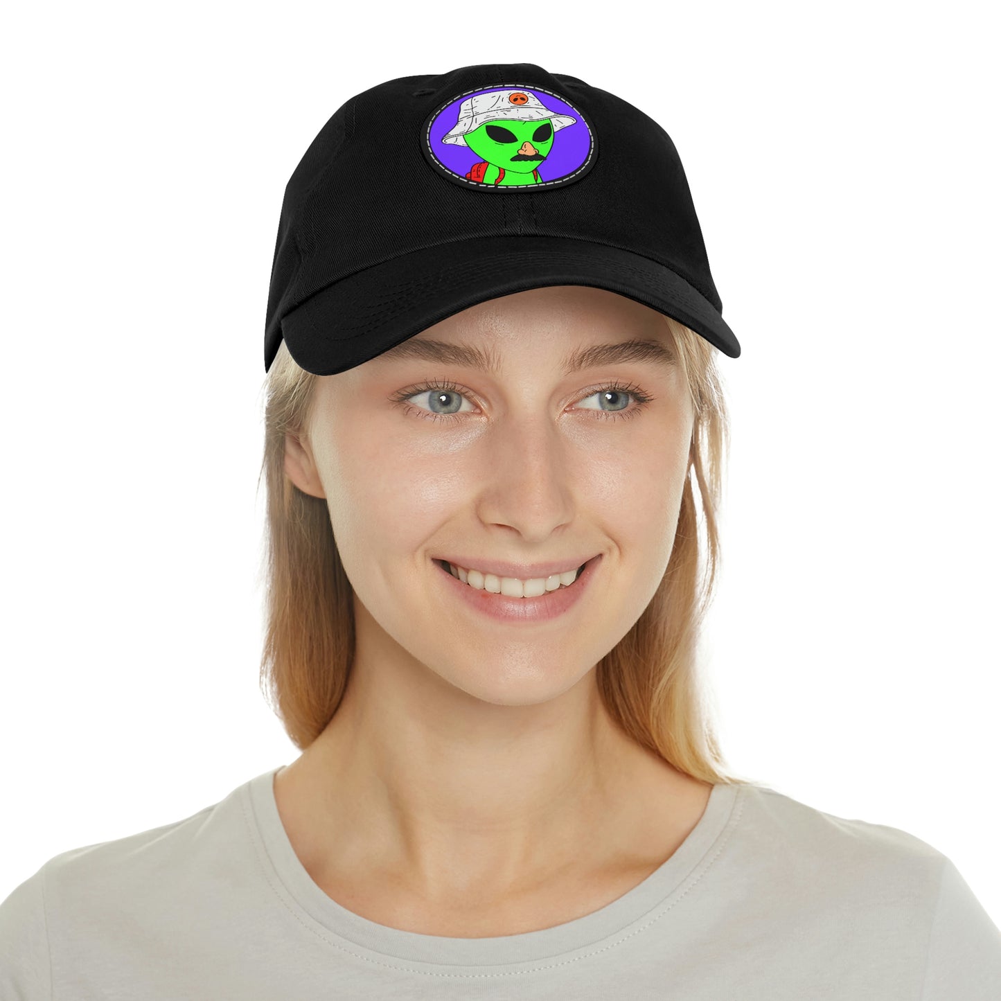 Visitor Green Alien Space Traveler Dad Hat with Leather Patch (Round)