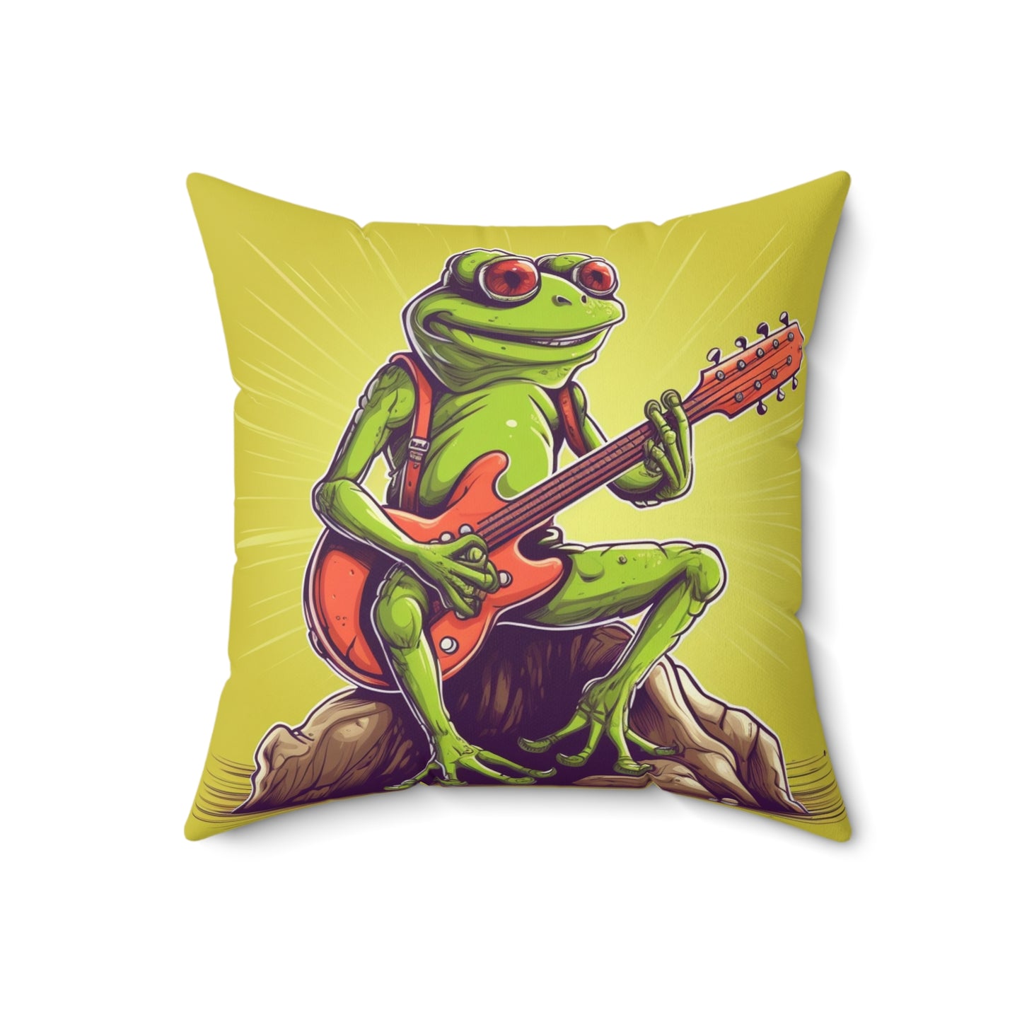 Rock Star Frog ontop Log Guitarist Graphic Instrumental Spun Polyester Square Pillow